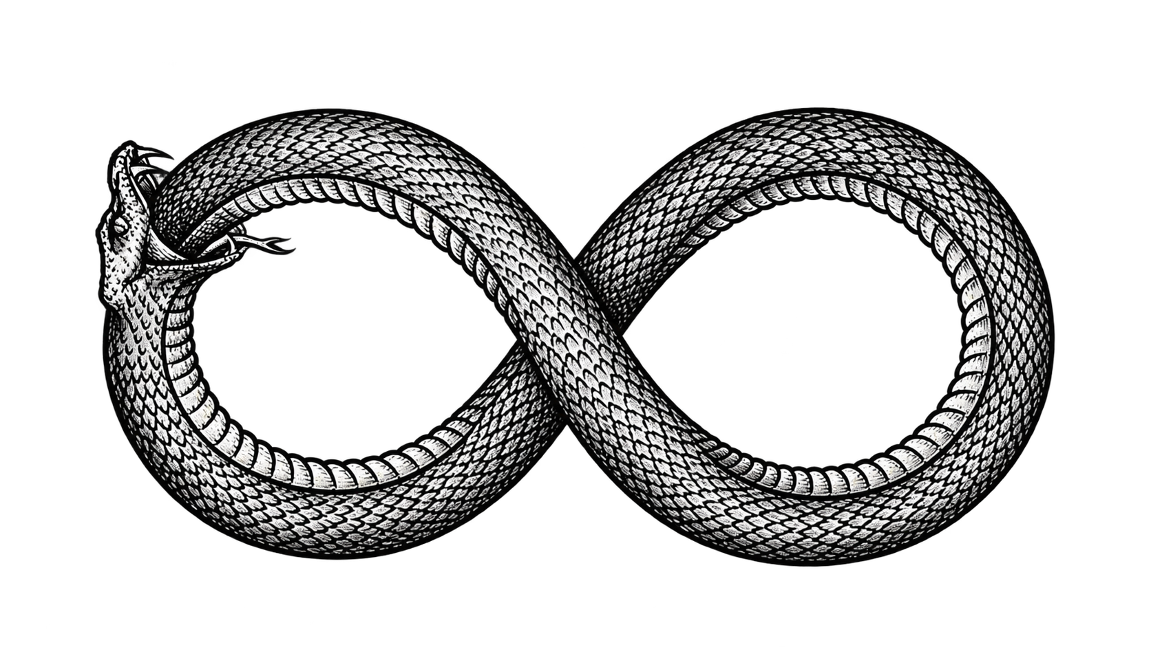 An ouroboros curled into an infinity loop